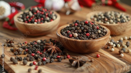 Pepper and star anise grains combined on a wooden countertop photo