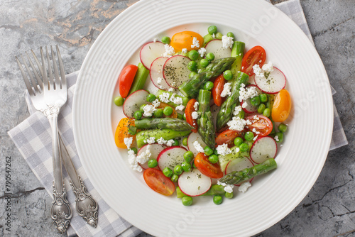 Vegetable salad of asparagus, fresh radishes, cherry tomatoes, green peas and goat cheese close-up in a plate on the table. Horizontal top view from above