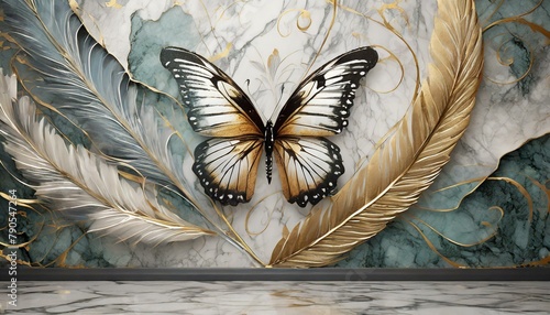 panel wall art, marble background with feather designs and butterfly silhouette,Ai Generate 