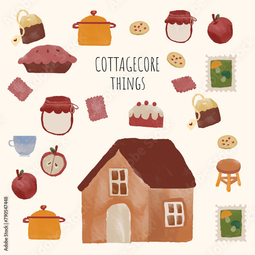 cottage core things including cottage, cake, biscuits , ticket , kitchen items, apple, tea cup and more