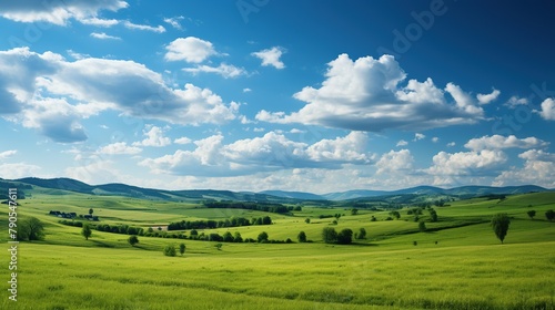 Beautiful panoramic view of green meadow and mountains. © WaniArt