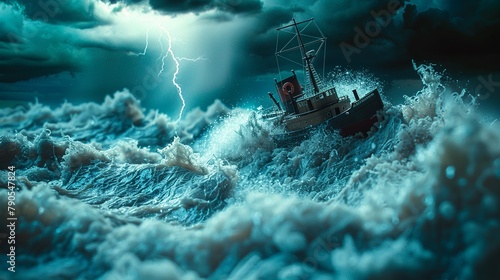 A model of a ship navigating tumultuous ocean waves, with thunderclouds overhead and lightning in the distance This represents businesses facing economic turbulence and uncertainty