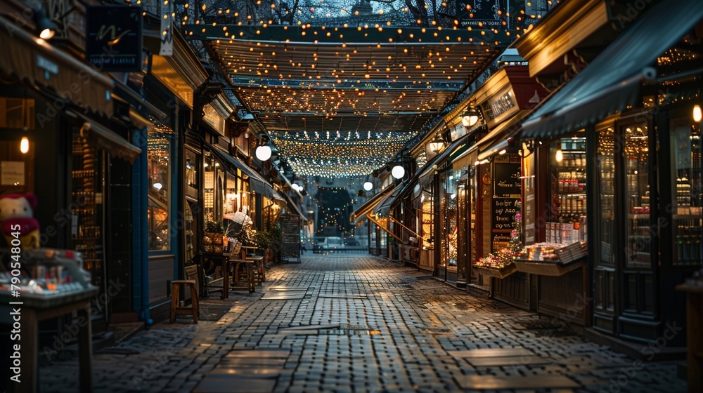 Fototapeta premium A row of empty market stalls under a dimly lit canopy, symbolizing a lack of demand or the failure of businesses to attract customers