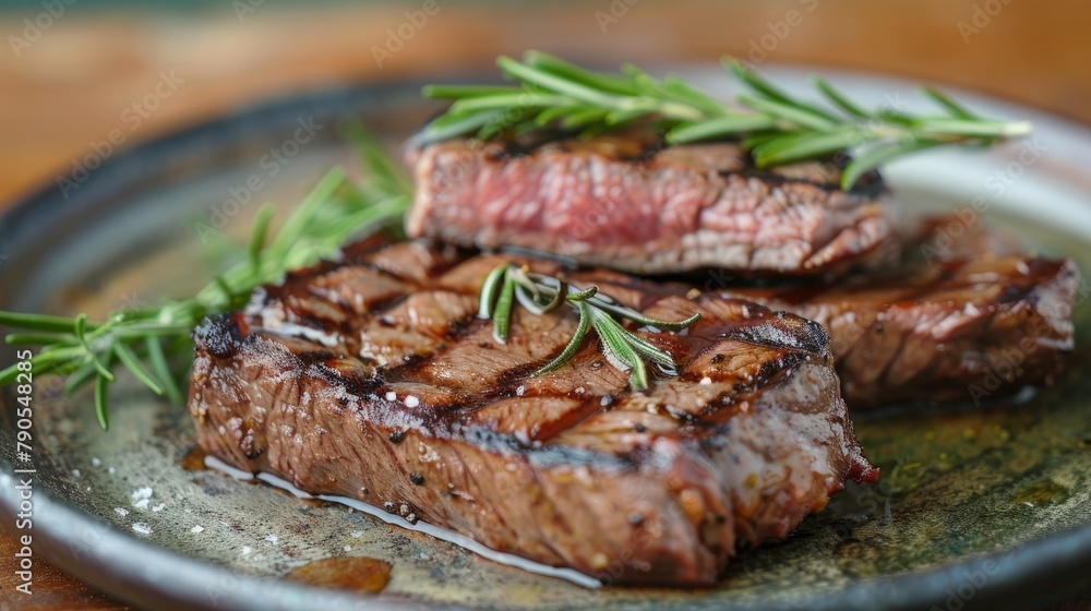 Red grilled steak on a plate in a restaurant with rosemary steak Behind the steak is a green background