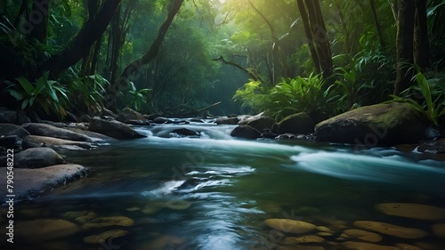 River Flowing Through a Lush Green Forest  Cascading Waterfall in a Scenic Forest Landscape  Stream and Rocks in a Verdant Forest Setting  Exploring Rivers and Streams in a Green Woodland  Flowing Riv