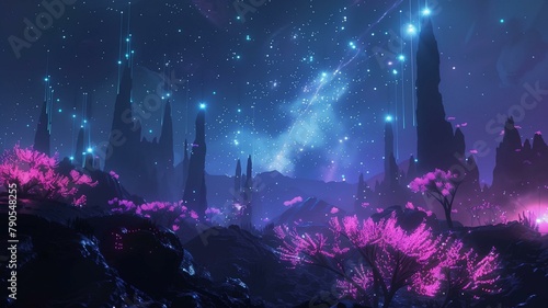 As night falls on this futuristic space planet, the landscape transforms into a symphony of light and color.    © Fatima