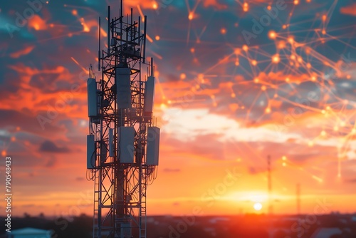 : A 5G tower against a sunset sky, with data waves emanating from it.