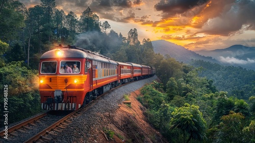 a vintage train running along a track that loops and weaves through various landscapes urban, rural, industrial, linking them together Businesspeople aboard the train are engaging with local markets