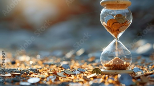 An hourglass with coins and shredded policy papers instead of sand, trickling down slowly photo