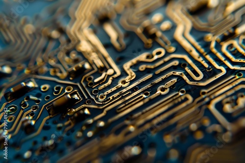 : A close-up of a microchip, with intricate patterns of gold and silver lines against a blue background.