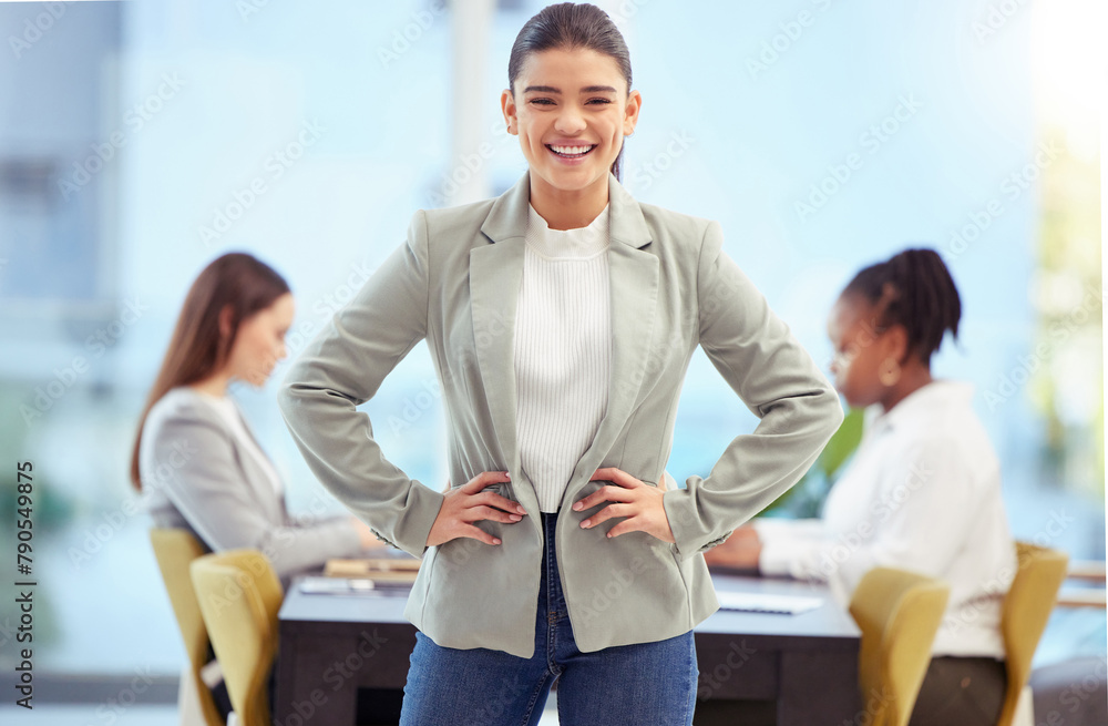 Confident, business and woman in office for portrait as creative director for agency. Happy, female person and group for meeting with teamwork, collaborating and ideas or planning for project growth Confident, business and woman in office for portrait as creative director for agency. Happy, female person and group for meeting with teamwork, collaborating and ideas or planning for project growth