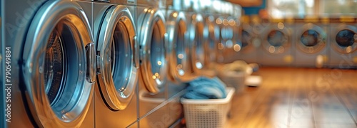 Public laundromat with a row of industrial laundry machines and baskets of clothing photo