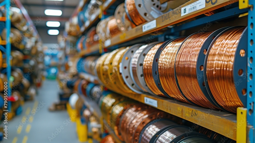 Shiny windings of copper cable at the manufacturing plant warehouse