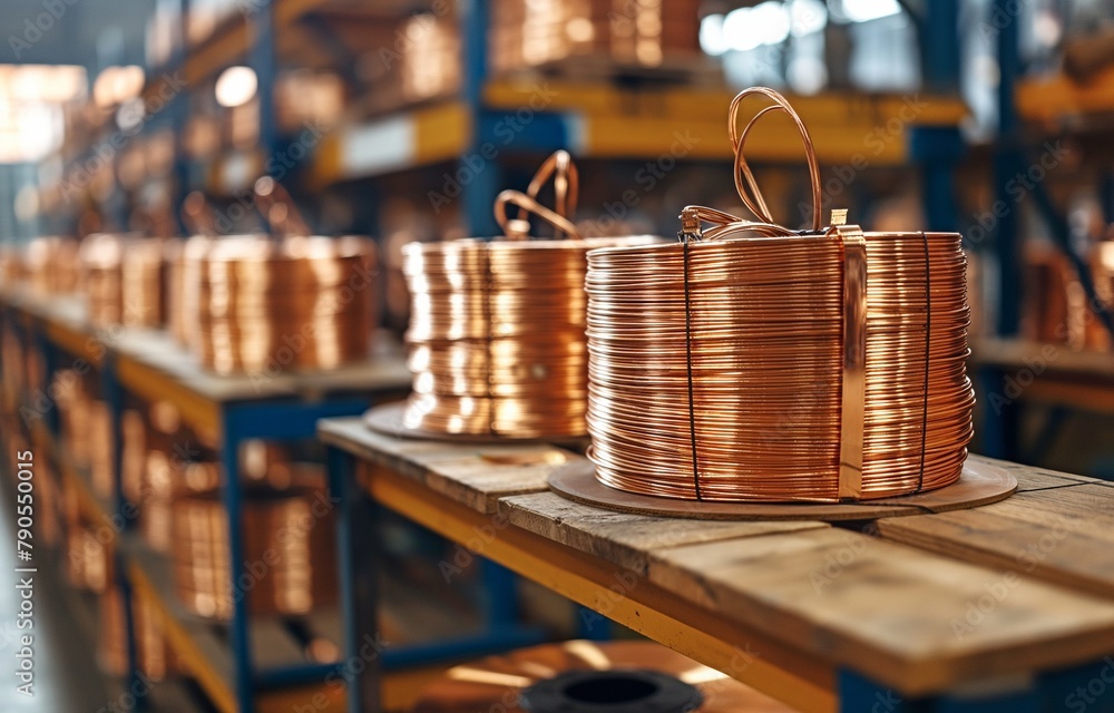 Shiny windings of copper cable at the manufacturing plant warehouse