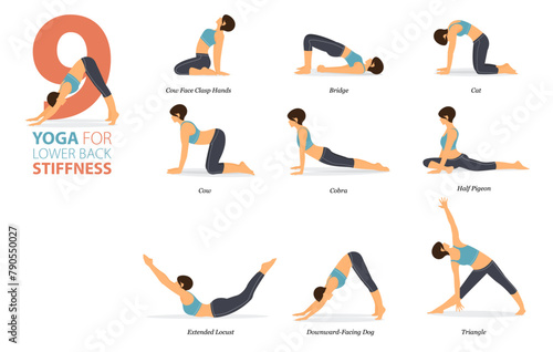 9 Yoga poses or asana posture for workout in back stiffness concept. Women exercising for body stretching. Fitness infographic. Flat cartoon.