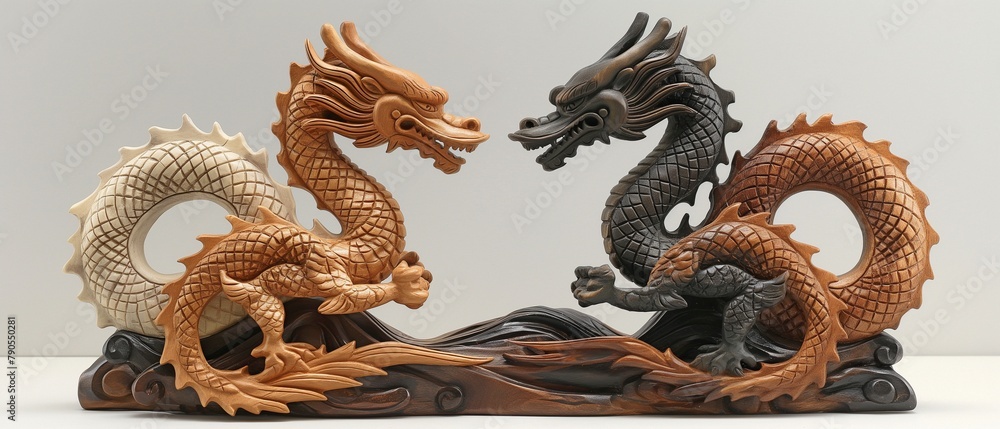 Fototapeta premium Chinese dragon statue in yin and yang wood with jade