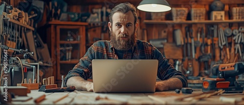 In his spacious workshop filled with construction tools, a young bearded craftsman is leaning over a workbench and using a laptop to browse the internet.