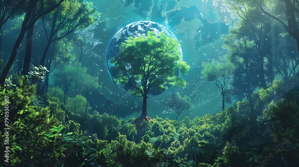 of Earth as a Thriving Green Forest with Tree Growing from Inside Stock