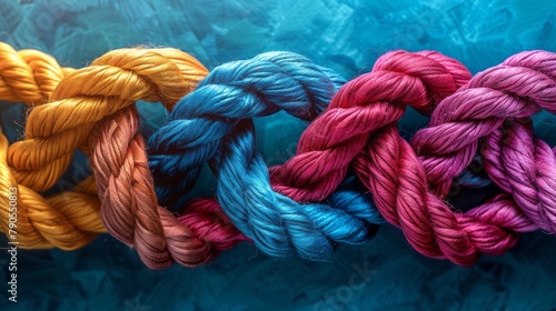 Team rope diverse strength connect partnership together teamwork unity communicate support. Strong diverse network rope team concept integrate braid color background cooperation empower power. 