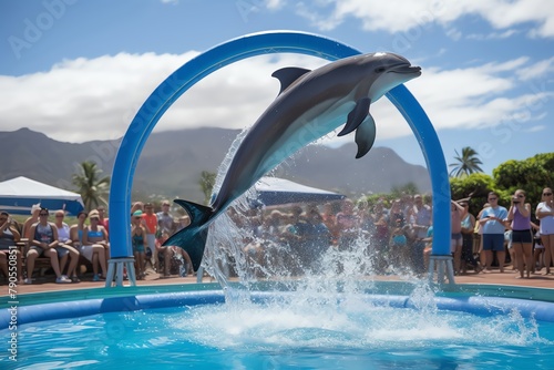 A playful dolphin leaped through hoops held by trainers, splashing the crowd with delight during a synchronized water acrobatics show photo