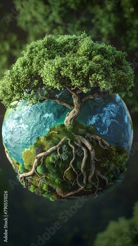 Harmonious Union: Lush Green Forests Merge with the Earth Globe in a Vibrant 3D Rendering photo