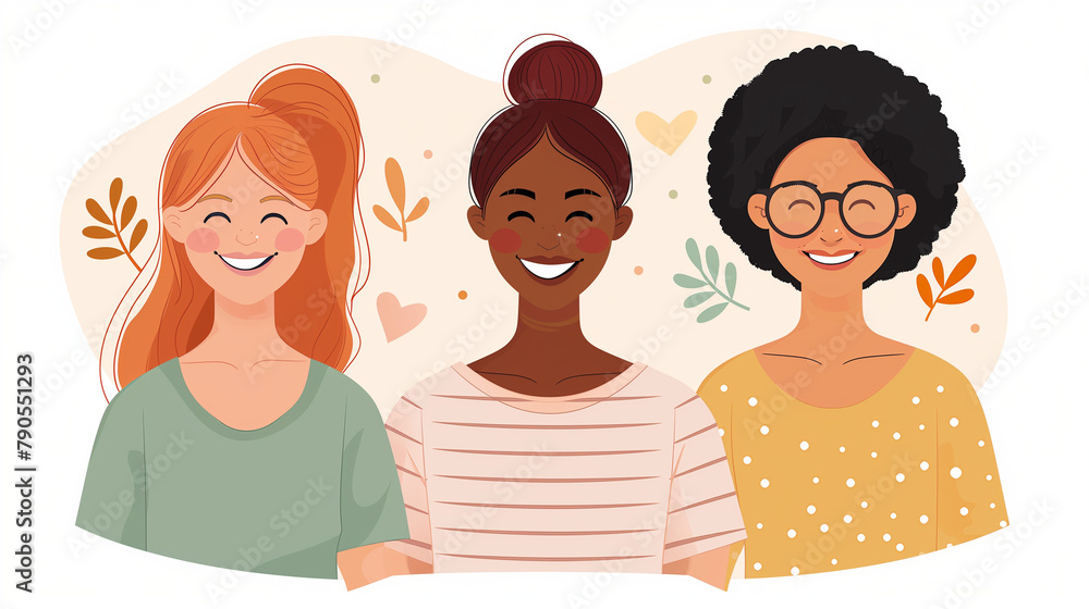 Group of women of different nationalities and cultures, skin colors and hairstyles. Society or population, social diversity. Cartoon characters. Vector illustration in flat design, isolated on white Group of women of different nationalities and cultures, skin colors and hairstyles. Society or population, social diversity. Cartoon characters. Vector illustration in flat design, isolated on white