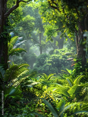 Dense Lushness Unveiled: A 3D Rendered of a Forest Ecosystem photo