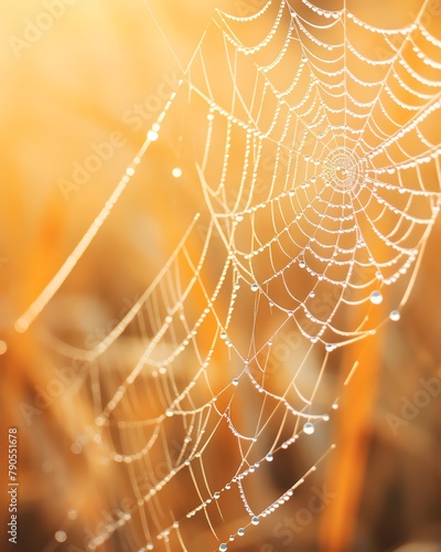 Closeup of dew drops on a spider web, shimmering in the morning light, showcasing the intricate patterns and natural beauty photo