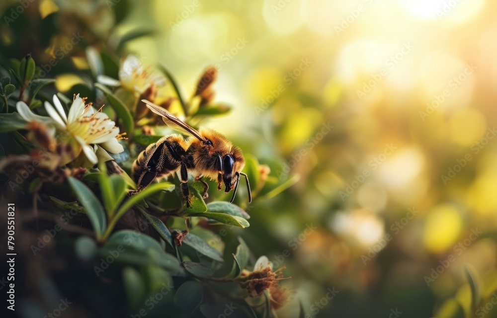 Fototapeta premium Bee Pollinating Flower in Sunlight
