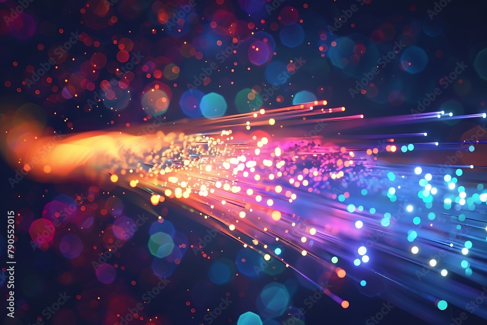 : A fiber optic cable glowing with multiple colors against a dark background.