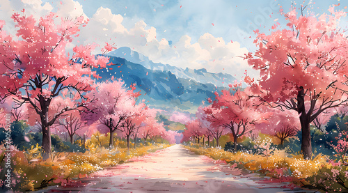 Blossom Symphony  Panoramic Watercolor Orchard with Scented Floral Patches