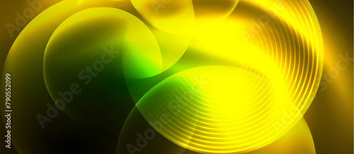 A vibrant blend of glowing yellow and green colors swirl together on a dark background, resembling a mesmerizing aquatic pattern with hints of electric blue, capturing the essence of macro photography