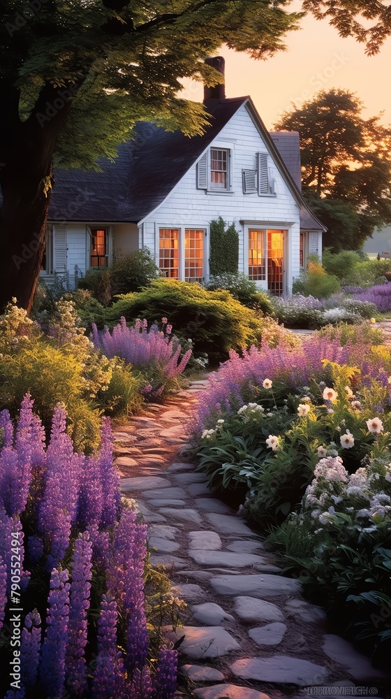 Cottage garden overflowing with lavender and sunflowers, winding path leading through the blooms, inviting and fragrant