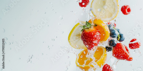 Tropical juicy fruits in water on white background. Vitamin C banner