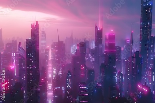   A futuristic cityscape at dusk  glowing with neon lights from skyscrapers. The sky is a blend of twilight hues.
