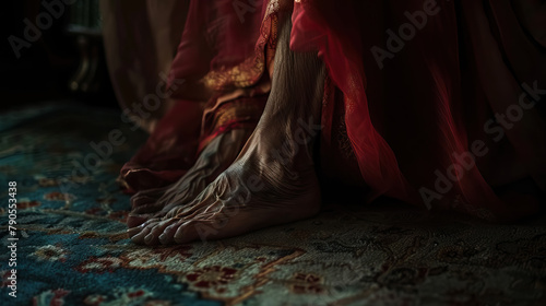 close up old South Asian woman's feet touching the cool floor as they swing them out of bed, their toes wiggling against the carpet. photo