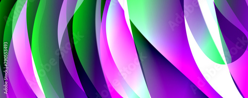 A vibrant artwork featuring purple, green and white waves on an abstract background. The vivid colors and symmetrical patterns create an electric blue and magenta tinted design in a closeup view