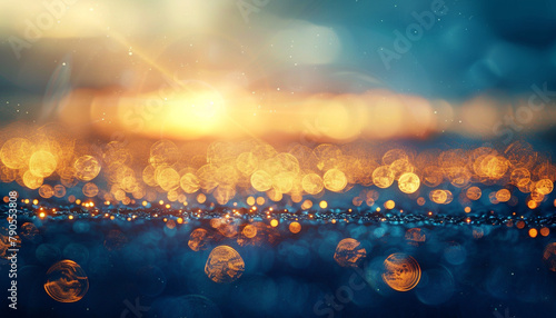 An abstract landscape in sun-kissed gold and shadowy blue, where defocused lights resemble the last rays of sunlight disappearing over a distant horizon. The mood is reflective and bittersweet. photo