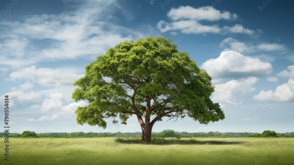 big green lonely tree in a meadow against a blue sky with clouds, landscape background big green lonely tree in a meadow against a blue sky with clouds, landscape background