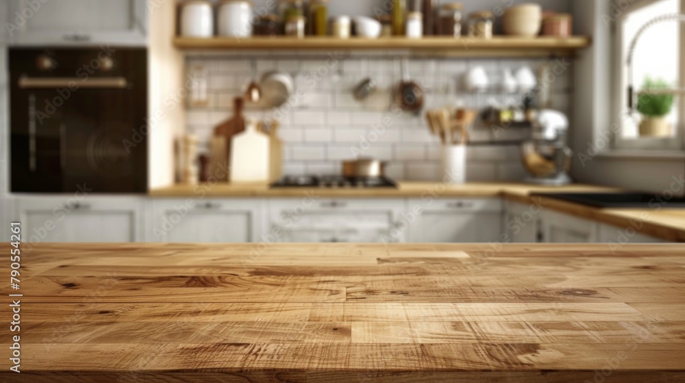 Empty beautiful wooden tabletop and modern blurred kitchen interior background