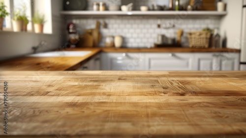 Empty beautiful wooden tabletop and modern blurred kitchen interior background