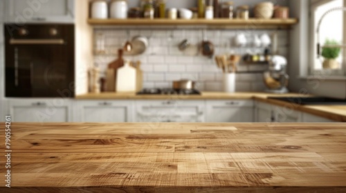 Empty beautiful wooden tabletop and modern blurred kitchen interior background