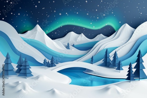 Serenely Snowy Landscape with Northern Lights Paper Art
