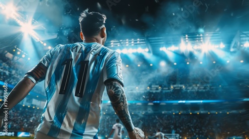 back view, Cinematic photograph of a soccer player arturo vidal playing a argentina soocer team t-shirt, scoring a header goal  photo