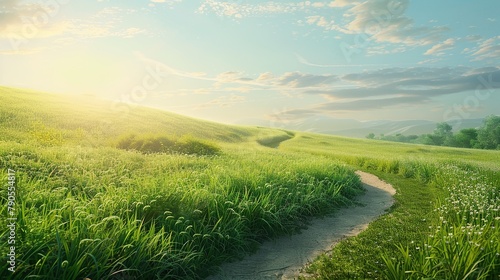 Scenic winding path through a field of green grass in the morning. Beautiful natural image. copy space for text.