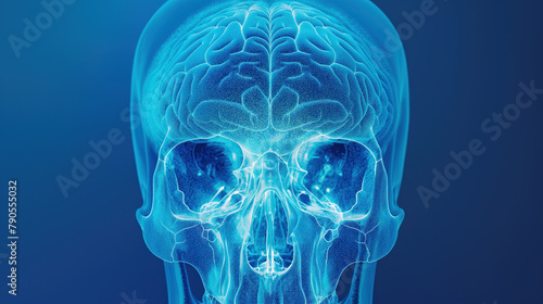 Transparent Human Skull with Highlighted Brain in Blue Tones