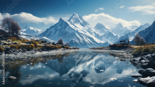 Mountain landscape with lake and snowcapped peaks in the background, Alpine Reflections