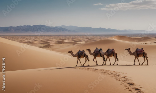 A caravan of camels slowly wanders through the dunes of the great desert.