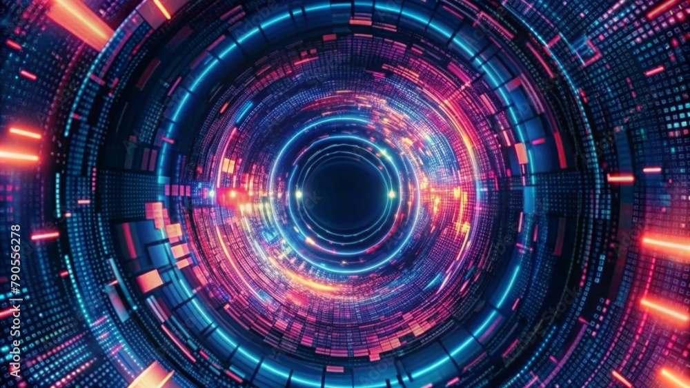 Abstract digital background with a futuristic glowing circular tunnel and binary code pattern Abstract digital background with a futuristic glowing circular tunnel and binary code pattern