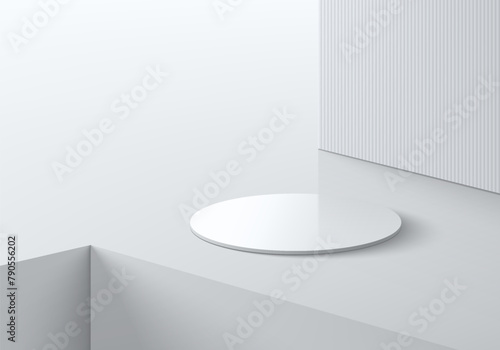 Realistic 3D white cylinder podium background on empty white floor and groove corner. Minimal scene, mockup abstract product display presentation, Stage showcase. Platforms vector geometric design.
